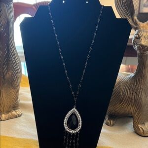 Black Teardrop Pendant Necklace with Crystal Accents - Women Jewelry